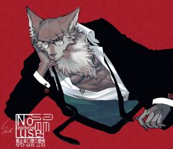 1boy black_eyes black_suit body_fur claws formal_clothes furry furry_male glasses grey_fur jewelry looking_at_viewer lying male_focus neck_fur necklace on_side one_eye_closed original red_background sammy_(freezingsammy) scar scar_across_eye scar_on_face simple_background solo suit toned toned_male upper_body wolf_boy