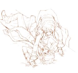 2boys arch_bishop_(ragnarok_online) blush brown_theme coat commentary_request full_body holding_hands looking_at_another lying male_focus monochrome multiple_boys on_back open_mouth pants ragnarok_online sansaro shoes short_hair simple_background yaoi yukadon