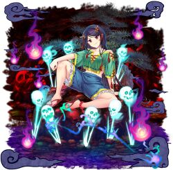 1girl arm_on_knee blue_shorts breasts cleavage closed_mouth collarbone cone_horns fingernails game_cg green_shirt highres horn_ornament horns long_hair looking_at_viewer midriff navel nippaku_zanmu off-shoulder_shirt off_shoulder official_art red_eyes red_nails rotte_(1109) sandals shirt shorts sitting skull smile solo third-party_source toenails touhou touhou_lostword transparent_background very_long_hair