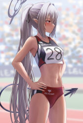1girl alternate_costume armpits bare_arms bare_shoulders black_ribbon black_tail blue_archive blurry blurry_background blush breasts buruma closed_mouth cowboy_shot crop_top demon_girl demon_tail depth_of_field grey_hair hair_between_eyes hair_intakes hair_ribbon halo hands_on_own_hips highres iori_(blue_archive) long_hair looking_to_the_side midriff navel number_print outdoors pointy_ears ponytail profile race_bib red_buruma red_eyes ribbon shirt sidelocks silver_bullet_(ecc12_8) sleeveless sleeveless_shirt small_breasts solo sports_bikini sportswear stomach straight_hair tail text_print thighs track_and_field very_long_hair