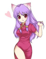 1girl absurdres animal_ears bell bowl breasts cat_ears chinese_clothes double_bun dress food hair_bell hair_bun hair_ornament highres long_hair looking_at_viewer noodles purple_hair ranma_1/2 red_dress red_eyes red_shoes shampoo_(cat) shampoo_(ranma_1/2) shoes sidelocks solo