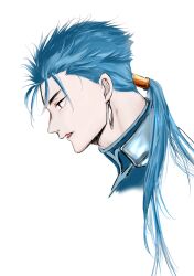 Rule 34 | 1boy, blue hair, cropped head, cu chulainn (fate), cu chulainn (fate/stay night), earrings, fate/stay night, fate (series), from side, hair tubes, high collar, jewelry, looking down, medium hair, murakage, parted lips, ponytail, red eyes, simple background, single earring, single hair tube, solo, tongue, white background