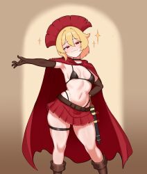 1girl :3 absurdres armpits bare_legs belt bikini black_bikini black_choker black_gloves blonde_hair boots borrowed_character breasts brown_belt brown_boots cape centurii-chan_(character) choker commentary contrapposto corinna21210534 elbow_gloves english_commentary gloves groin hair_between_eyes head_tilt highres legs_apart miniskirt navel original outstretched_arm pleated_skirt plume red_cape red_eyes red_skirt sheath sheathed short_hair skirt small_breasts smile smug solo sparkle stomach string_bikini swimsuit sword thigh_strap weapon
