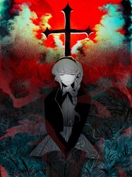 1girl absurdres black_headband braid braided_ponytail closed_eyes closed_mouth cloud cloudy_sky cross female_focus frown headband highres kirifuji_nozomi red_background sitting sky solo the_hundred_line_-last_defense_academy-