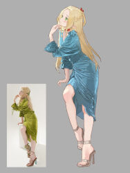 1girl aqua_dress arm_support blonde_hair blush braid braided_sidelocks brown_sandals choker closed_mouth commentary_request cosplay dress dungeon_meshi elf feet forehead full_body green_dress green_eyes grey_background half_up_braid hand_on_own_chin high_heel_sandals highres long_hair looking_up marcille_donato marcille_donato_(cosplay) photo-referenced photo_inset pointy_ears red_choker reference_inset sandals simple_background solo tang_sanjiao thinking toes
