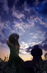 1girl amatsuki_rei animal artist_name backlighting bird black_eyes black_hair blue_sky building buttons cloud cloudy_sky commentary_request day dress female_focus flock from_side fur-trimmed_jacket fur_trim green_jacket highres house jacket long_hair long_sleeves no_mouth open_clothes open_jacket original outdoors plant power_lines profile scenery sidelocks signature sky sleeves_past_wrists solo standing tile_roof