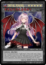 1girl absurdres belt belt_buckle black_belt black_collar black_shirt black_skirt blush broken_handcuffs buckle card card_(medium) cellphone chain clothes_writing collar comiket_106 commentary_request cross cross_earrings earrings gishiki_(gshk) grey_halo hair_intakes hair_ornament halo heterochromia highres holding holding_phone inverted_cross inverted_cross_print jewelry long_hair looking_at_viewer metal_halo nail_polish open_mouth original parted_bangs phone pink_hair playing_card profanity red_eyes red_nails red_wings shirt short_sleeves skirt smartphone solo spiked_halo thigh_belt thigh_strap wings yellow_eyes yu-gi-oh!