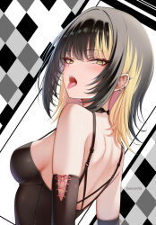 1girl akiei black_hair blonde_hair blush breasts commentary_request ear_piercing earrings elbow_gloves gloves highres idolmaster idolmaster_shiny_colors ikaruga_luca jewelry looking_at_viewer looking_to_the_side median_furrow medium_breasts medium_hair multicolored_hair piercing shoulder_blades sideboob sleeveless solo streaked_hair tongue tongue_out two-tone_hair upper_body yellow_eyes
