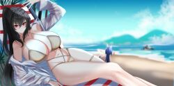 Rule 34 | 3girls, azur lane, bikini, black hair, blue bikini, blue hair, breasts, cleavage, collarbone, criss-cross straps, day, hair between eyes, heterochromatic eyewear, highres, huge breasts, long hair, looking at viewer, multiple girls, navel, new jersey (azur lane), new jersey (midsummer leisure) (azur lane), ocean, official alternate costume, outdoors, red eyes, shirt, sinorder, string bikini, summer, swimsuit, taihou (azur lane), taihou (seaside daydreams) (azur lane), thigh strap, tinted eyewear, triangular eyewear, very long hair, white bikini, white shirt