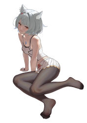 1girl absurdres animal_ears feet highres looking_at_viewer medium_hair mio_(xenoblade) pantyhose polan_kui soles toes white_hair xenoblade_chronicles_(series) xenoblade_chronicles_3 yellow_eyes