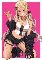 1girl belt black_belt black_bow black_jacket black_shoes black_shorts blonde_hair blush border bow breasts cleavage crop_top full_body grin hair_bow hair_tie highres jacket kaminari_qpi kaminari_qpi_(3rd_costume) kneeling looking_at_viewer low_twintails navel off_shoulder ok_sign one_eye_closed ooike_teru open_clothes open_jacket orange_hair orange_nails outside_border pink_background shoes shorts smile solo thigh_strap twintails virtual_youtuber vspo! white_border