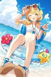 1girl absurdres afloat beach bikini blonde_hair blue_innertube braid breasts cleavage cup day drinking_glass fang french_braided_twintails fujita_kotone gakuen_idolmaster halterneck highres holding holding_cup idolmaster innertube long_hair looking_at_viewer low_twin_braids monobe_tsukuri navel o-ring o-ring_bikini o-ring_top ocean on_innertube one_eye_closed open_mouth side-tie_bikini_bottom small_breasts solo starfish stomach swim_ring swimsuit twin_braids water white_bikini yellow_eyes