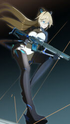 1girl absurdres animal_ear_hairband animal_ears assault_rifle black_background black_bodysuit blonde_hair blue_eyes bodysuit breasts commentary_request dutch_angle fake_animal_ears floating_hair gun hair_between_eyes hairband highres holding holding_gun holding_weapon large_breasts long_hair looking_ahead michele_(strinova) open_mouth projectile_trail ricocheting rifle solo standing standing_on_one_leg strinova trigger_discipline under_fire very_long_hair weapon yuyiosang