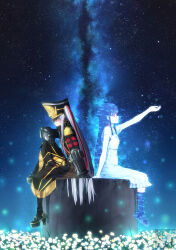 2girls altair_(re:creators) armband belt belt_bag black_armband black_coat black_hair blunt_bangs braid buttons chinese_commentary coat colored_skin commentary_request dress facing_to_the_side fireflies flower frills gauntlets glasses glitch gold_trim grey_eyes hair_between_eyes hair_ribbon hat highres lion_head_(ornament) long_hair long_skirt looking_down looking_up multicolored_eyes multiple_girls outstretched_arm platform_footwear re:creators red-framed_eyewear red_armband red_eyes red_ribbon ribbon shako_cap shimazaki_setsuna shirt short_sleeves sitting skirt spurs star_(sky) twin_braids two-tone_armband twt very_long_hair white_dress white_flower white_hair white_shirt white_skin
