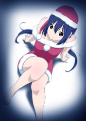 1girl bare_shoulders barefoot black_hair blurry brown_eyes depth_of_field female_focus hat k-on! long_hair nakano_azusa oku_no_shi santa_costume santa_hat solo