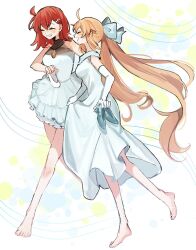 2girls 710_ao ahoge artoria_caster_(fate) artoria_pendragon_(fate) barefoot blonde_hair bow closed_eyes clothes_lift detached_sleeves dress dress_lift facing_another fate/grand_order fate_(series) frilled_dress frills fujimaru_ritsuka_(female) full_body grin hair_bow high_heels highres holding holding_shoes holding_unworn_clothes long_hair multiple_girls orange_hair pearl_hair_ornament shoes smile twintails unworn_shoes upturned_eyes