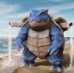 3d beach blastoise blue_sky brown_eyes cannon chenks-r claws cloud commentary day full_body gen_1_pokemon highres md5_mismatch nintendo no_humans ocean outdoors pokemon pokemon_(creature) realistic sand scales shore signature sky standing water