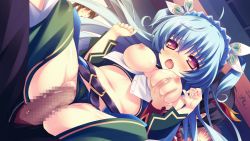 Rule 34 | 1boy, 1girl, 2-g, belt, black panties, blue hair, blush, breasts, censored, clothed sex, exhibitionism, game cg, grabbing another&#039;s breast, groping, hetero, lifting person, long hair, medium breasts, mosaic censoring, navel, nijiha ouka, nipples, open mouth, outdoors, panties, penis, public indecency, pussy, red eyes, ribbon, saliva, sex, softhouse-seal, softhouse-seal grandee, thighs, underwear