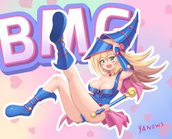 1girl :d absurdres ass blonde_hair blue_boots blush_stickers boots breasts cameltoe character_name dark_magician_girl detached_sleeves duel_monster gradient_background green_eyes hair_between_eyes hand_up highres holding holding_staff large_breasts long_hair open_mouth outline pink_background shiny_skin smile solo staff white_outline yanows yu-gi-oh!