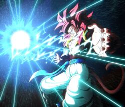 Rule 34 | 1boy, absurdres, big bang kamehameha, bracer, commentary request, dragon ball, dragon ball: sparking!, dragon ball gt, energy ball, floating clothes, glowing, glowing eyes, gogeta, highres, kamehameha (dragon ball), looking at viewer, male focus, medium hair, metamoran vest, monkey boy, monkey tail, muscular, muscular male, pants, parted bangs, red eyes, red fur, red hair, smirk, solo, spiked hair, super saiyan, super saiyan 4, tail, tanoshimium, white pants