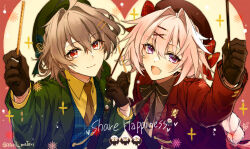 Rule 34 | 2boys, ahoge, astolfo (fate), black bow, black ribbon, blue vest, blush, bow, braid, brown gloves, brown hair, brown necktie, buttons, cross, double-breasted, dress shirt, eyelashes, fang, fate/apocrypha, fate/grand order, fate (series), food, food-themed hair ornament, formal clothes, gloves, green headwear, green jacket, grey hair, hair between eyes, hair bow, hair intakes, hair ornament, hat, hat bow, heart, highres, hippogriff (fate), jacket, lapel pin, lapels, light blush, light smile, long braid, long hair, matori (penguin batake), multicolored hair, multiple boys, neck ribbon, necktie, notched lapels, open mouth, pink hair, plaid bow, plaid clothes, plaid vest, pocky, pocky hair ornament, purple eyes, red bow, red eyes, red jacket, ribbon, shirt, short hair, single braid, skin fang, smile, streaked hair, suit, suit jacket, trap, twitter username, two-tone hair, vest, wafer stick, white hair, yellow shirt