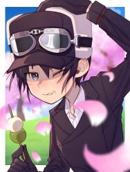1girl androgynous arms_up artist_name black_hair border cherry_blossoms dango eating falling_petals food fur_hat gloves goggles grass grey_eyes hanami hat highres holding holding_skewer kino_(kino_no_tabi) kino_no_tabi long_sleeves one_eye_closed outdoors pctl_kino1 petals reverse_trap sanshoku_dango short_hair skewer solo spring_(season) wagashi white_border