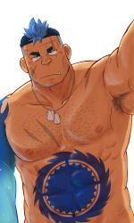 Rule 34 | 1boy, abs, adam&#039;s apple, armpit hair, armpits, bara, beard stubble, blue hair, cheekbones, cowboy shot, cross scar, dog tags, facial hair, facial scar, gradient skin, highres, large pectorals, live a hero, looking at viewer, male focus, mature male, multicolored hair, muscular, muscular male, navel, nipples, nude, outstretched arm, pectorals, sanpaku, scar, scar on cheek, scar on face, scar on forehead, short hair, solo, sparse chest hair, stomach, strongman waist, stubble, thick eyebrows, thick neck, tusks, two-tone hair, undercut, wada terunosuke, yoshiori (live a hero)