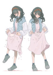 1girl absurdres alternate_costume alternate_hairstyle black_hair black_socks blue_jacket blush breast_pocket brown_hairband cherry_blossoms closed_eyes closed_mouth collared_jacket commentary_request dress eyes_visible_through_hair facing_down falling_petals full_body green_shoes grey_shirt hair_over_shoulder hairband head_down highres idolmaster idolmaster_shiny_colors jacket kazano_hiori long_dress long_hair long_sleeves looking_down mole mole_under_mouth multiple_views open_clothes open_jacket open_mouth petals pink_dress pink_sleeves plantar_flexion pocket puffy_long_sleeves puffy_sleeves shadow shirt shoes sidelocks simple_background skirt_basket smile sneakers socks standing standing_on_one_leg swept_bangs umirororo wavy_hair white_background