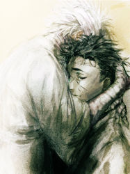 2boys bad_id bad_pixiv_id bandaged_arm bandaged_hand bandaged_head bandages black_hair clothes_grab covered_face dying from_side hand_on_another&#039;s_head hand_on_another&#039;s_neck hand_up haori himejima_gyoumei hug injury japanese_clothes kimetsu_no_yaiba kimono male_focus multiple_boys obi sash scar scar_on_face scar_on_forehead scar_on_nose shinazugawa_sanemi short_hair sunao_(pixiv46678627) tears white_hair
