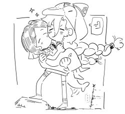 Rule 34 | ..., 2girls, 37 (reverse:1999), alternate costume, braid, carrying, carrying person, chibi, closed eyes, daku k, dolphin costume, full body, greyscale, inset border, lineart, low twin braids, monochrome, multiple girls, no mouth, outside border, princess carry, reverse:1999, rock, sophia (reverse:1999), sparkle, speech bubble, spoken ellipsis, standing, stepped on, twin braids, white background
