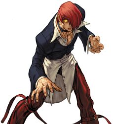 1boy capcom_vs_snk_2 choker crazy_eyes d: from_above game_cg hair_over_one_eye highres hunched_over jacket long_hair long_sleeves looking_at_viewer male_focus nishimura_kinu non-web_source official_art open_mouth orochi_iori pants possessed red_hair red_pants shirt snk solo the_king_of_fighters unbuttoned_sleeves yagami_iori yellow_eyes