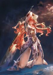 1girl ancient_greek_clothes armor augusta_(wuthering_waves) breastplate breasts commentary dress greatsword greco-roman_clothes hachi_shoku_mare hair_spread_out headgear highres holding holding_above_head holding_sword holding_weapon kneeling long_hair medium_breasts parted_lips red_eyes red_hair solo sword weapon white_dress wuthering_waves