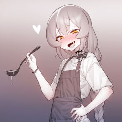 Rule 34 | 1boy, apron, blush, bow, braid, fang, gradient background, hair bow, hand on own hip, heart, holding, holding ladle, ikr (artist), ladle, long hair, looking at viewer, male focus, open mouth, osugaki, shirt, solo, spot color, tongkkangi, tongkkangi (streamer), trap, upper body, virtual youtuber, yellow eyes