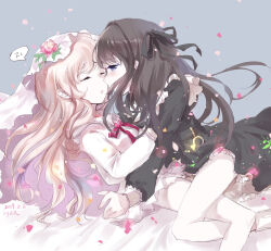 Rule 34 | 2girls, arcaea, belt, black belt, black dress, black ribbon, blonde hair, blue eyes, blush, bow, bowtie, brown hair, closed eyes, commentary request, couple, dated, dress, flower, frilled dress, frills, girl on top, hair intakes, hair ribbon, hikari (arcaea), hikari (zero) (arcaea), long hair, long sleeves, lying, multiple girls, on back, open mouth, pantyhose, pink flower, pleated skirt, profile, red bow, red bowtie, ribbon, sailor collar, school uniform, serafuku, shirt, sitting, sitting on lap, sitting on person, skirt, sleeping, speech bubble, tairitsu (arcaea), tenten (tianbixia), veil, white pantyhose, white sailor collar, white serafuku, white shirt, white skirt, white veil, yuri