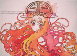 Rule 34 | 1girl, absurdly long hair, absurdres, artist name, closed mouth, commentary, english commentary, expressionless, eyelashes, floating hair, highres, lattice, light blush, light frown, long hair, looking at viewer, original, painting (medium), red eyes, s7arbyeol, solo, topless female, traditional media, upper body, very long hair, watercolor (medium), watermark