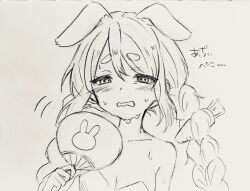 1girl animal_ear_fluff animal_ears bare_shoulders blush braid breasts carrot_hair_ornament cleavage collarbone commentary_request ears_down fanning_face fanning_self food-themed_hair_ornament hair_between_eyes hair_ornament hand_fan highres holding holding_fan hololive kiritoma leotard long_hair open_mouth paper_fan rabbit_ears short_eyebrows small_breasts solo strapless strapless_leotard sweat thick_eyebrows traditional_media translation_request twin_braids twintails uchiwa upper_body usada_pekora very_long_hair virtual_youtuber wavy_mouth