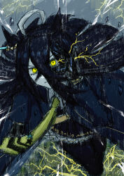 Rule 34 | 1girl, ahoge, black hair, black pantyhose, black shirt, black skirt, censored, closed mouth, collared shirt, concentrating, eye trail, floating hair, grey hair, hair between eyes, highres, light trail, lightning, long hair, long hair between eyes, magnoliko, manhattan cafe (umamusume), multicolored hair, necktie, pantyhose, pleated skirt, shirt, skirt, solo, umamusume, very long hair, white trim, yellow eyes, yellow necktie