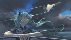 1girl against_railing ahoge aircraft airplane alternate_costume black_cloud black_shirt blue_eyes blue_hair blue_necktie blue_sky blue_trim breast_pocket breasts cloud cloudy_sky collared_shirt commentary day double-parted_bangs dress_shirt elbow_rest english_commentary expressionless fighter_jet floating_hair floating_neckwear grey_shirt hair_between_eyes hair_ornament half-closed_eyes hatsune_miku highres koi_wa_sensou_(vocaloid) light_blush long_eyelashes long_hair looking_to_the_side medium_breasts military_uniform military_vehicle necktie own_hands_together pocket railing shirt short_sleeves sidelocks sky solo straight-on thick_eyelashes twintails upper_body vertigris very_long_hair vocaloid wind