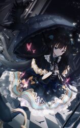 1girl absurdres arcaea bird black_bird black_bow black_bowtie black_capelet black_dress black_ribbon black_umbrella blue_corset blue_eyes blue_flower bow bowtie brown_hair bug butterfly capelet carnation checkered_floor closed_mouth commentary corset crow dot_mouth dress feet_out_of_frame flower flower_brooch frilled_dress frilled_umbrella frills hair_flower hair_ornament hair_ribbon highres holding holding_umbrella insect long_hair long_sleeves looking_at_viewer miyu_(miy_u1308) night parasol pink_butterfly pleated_capelet ribbon solo tairitsu_(arcaea) tairitsu_(grievous_lady)_(arcaea) umbrella very_long_hair