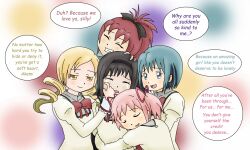 Rule 34 | 5girls, akemi homura, black bow, black hair, blonde hair, blue hair, bow, crying, group hug, highres, holy quintet, hug, kaname madoka, mahou shoujo madoka magica, majka626, miki sayaka, mitakihara school uniform, multiple girls, pink hair, red hair, sakura kyoko, school uniform, speech bubble, tomoe mami