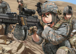 7.62x51mm_nato aiming ammunition ammunition_belt ammunition_box ammunition_pouch artist_name body_armor brown_eyes bullet bulletproof_vest camouflage casing_ejection dated desert_camouflage emblem firing fully_powered_cartridge gloves grey_hair gun headset helmet highres jpc knee_pads light_machine_gun lmg_cartridge load_bearing_vest m13_link m240 m249_saw machine_gun medium_machine_gun military military_cartridge military_combat_uniform military_uniform original pouch rifle_cartridge scope shell_casing signature solo_focus squad_automatic_weapon united_states united_states_army vertical_forward_grip watch weapon woodland_camouflage
