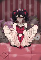 1girl bare_shoulders black_hair black_nails blush bow closed_mouth collarbone crop_top double-parted_bangs eyelashes feet feet_up fishnet_thighhighs fishnets foot_focus full_body gloves hair_between_eyes hair_bow hair_ornament highres knees_apart_feet_together knees_up legs looking_at_viewer love_live! midriff nail_polish navel nekoyokai_(felfurblank) no_shoes red_bow red_eyes red_gloves shadow sitting smell smile soles spread_toes steaming_body thighhighs tiara toenail_polish toenails toes twintails yazawa_nico