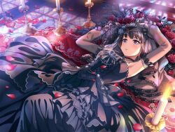 1girl artist_request bang_dream! black_dress black_hair breasts bridal_veil candle collar dress falling_petals gloves indoors jewelry large_breasts long_hair looking_at_viewer lying official_art petals purple_eyes shirokane_rinko solo veil wedding_dress