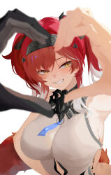 Rule 34 | 1boy, 1girl, absurdres, bare shoulders, bodysuit, breasts, chinese commentary, collar, colored tips, commentary request, hairband, heart, heart hands, heart hands duo, highres, large breasts, light blush, looking at viewer, lupa (wuthering waves), male rover (wuthering waves), metal collar, metal hairband, multicolored hair, partial commentary, pov, pov hands, red hair, rover (wuthering waves), smile, tacet mark (wuthering waves), tail, upper body, white bodysuit, white hair, wolf tail, wuthering waves, xiaobei, yellow eyes