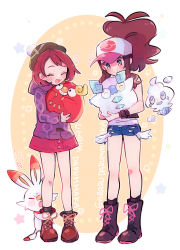2girls :d baseball_cap black_vest blush bob_cut boots brown_footwear brown_hair buttons cable_knit cardigan closed_eyes commentary_request creatures_(company) darumaka dress eyelashes galarian_darumaka galarian_form game_freak gen_5_pokemon gen_8_pokemon gloria_(pokemon) green_headwear green_legwear grey_cardigan hat heart high_ponytail highres hilda_(pokemon) holding holding_pokemon hood hooded_cardigan hugging_another&#039;s_leg long_hair misha_(ohds101) multiple_girls nintendo open_mouth plaid_clothes plaid_legwear pokemon pokemon_(creature) pokemon_bw pokemon_swsh ponytail scorbunny shirt short_hair sidelocks sleeveless sleeveless_shirt smile socks tam_o&#039;_shanter tongue vanillite vest white_shirt
