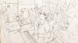 2girls ahoge backpack bag bonsai bow charger charging_device chinese_commentary closed_mouth collared_shirt commentary_request cup earrings greyscale hair_bow highres holding holding_cup holding_pen indoors jewelry computer_keyboard long_sleeves looking_afar looking_to_the_side monitor monochrome computer_mouse mousepad_(object) mug multiple_girls neck_ribbon on_chair original pen phone pleated_skirt power_strip reisen13 ribbon scenery shirt short_sleeves sitting skirt tissue_box unworn_backpack unworn_bag wardrobe