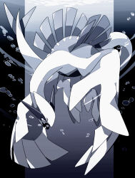 45_(maruyaki45) absurdres air_bubble animal_focus bubble creatures_(company) full_body game_freak gen_2_pokemon greyscale highres legendary_pokemon lugia monochrome nintendo no_humans open_mouth pillarboxed pokemon pokemon_(creature) signature solo tail underwater water wings