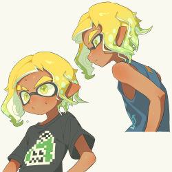 1boy absurdres black_shirt blonde_hair blue_tank_top dark-skinned_female dark_skin eyebrow_cut gradient_hair green_eyes green_hair grey_background highres inkling inkling_boy inkling_player_character male_focus multicolored_hair multiple_views nintendo parted_lips pointy_ears shirt short_hair short_sleeves simple_background splatoon_(series) surume01417 sweat t-shirt tank_top tentacle_hair thick_eyebrows
