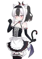 Rule 34 | 1girl, animal ear fluff, animal ears, apron, bare shoulders, black dress, black gloves, black hair, black horns, black thighhighs, blue archive, blush, bright pupils, cat ears, cat tail, closed mouth, cowboy shot, dress, elbow gloves, gloves, hair between eyes, highres, horns, kayoko (blue archive), looking at viewer, maid, multicolored hair, nyanzai-sensei, purple wings, red eyes, simple background, single wing, solo, tail, thighhighs, two-tone hair, white apron, white background, white hair, white pupils, wings