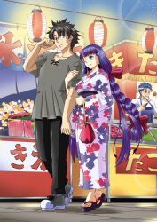 1girl 2boys arm_hug back_hair black_pants blue_eyes bow braid collarbone commentary_request cu_chulainn_(fate) cu_chulainn_(fate/stay_night) fate/grand_order fate_(series) festival fujimaru_ritsuka_(male) grey_shirt hair_bow hetero highres japanese_clothes kimono lantern long_hair martha_(fate) multiple_boys okobo one_eye_closed pants paper_lantern platform_sandals print_kimono purple_hair red_bow rofu_get sandals shirt single_braid smile sweatdrop very_long_hair